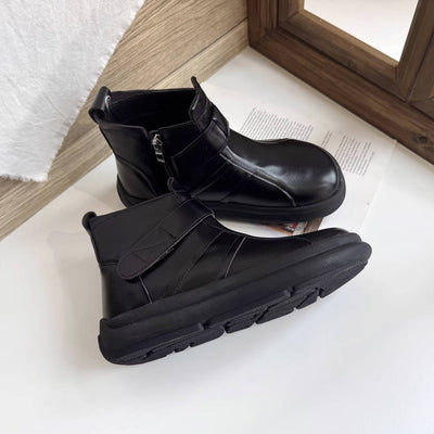 Retro Soft Leather Flat Sole Velcro Casual Round Toe Ankle Boots