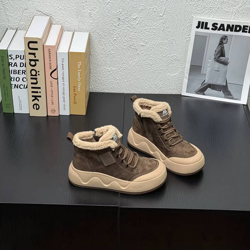 Retro Leather Sueded Thick Sole Platform Warm Plush Ankle Boots