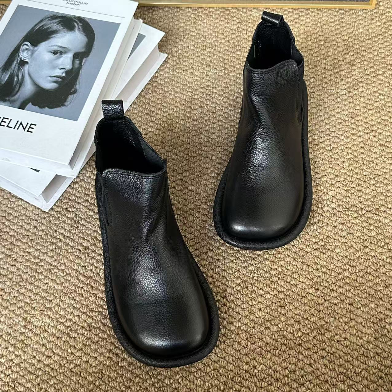 Genuine Leather Wide Round Toe Soft Sole Slip-On Boots