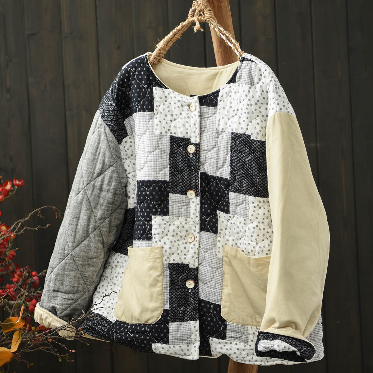 Women Winter Vintage Ethnic Floral Patchwork Quilted Cotton-Linen Jacket