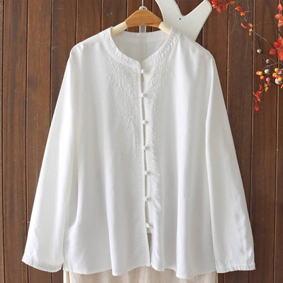 Autumn Retro Round Neck Embroidered Loose Long Sleeves Shirts