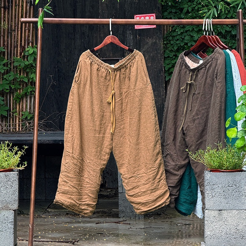 Retro Linen Washed Solid Color Cotton-In Solid Color Warm Pants