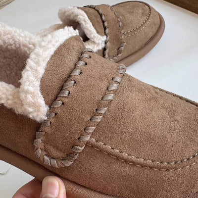 Warm Sueded Shallow Round Wide Toe Fleece-Lined Flat Shoes