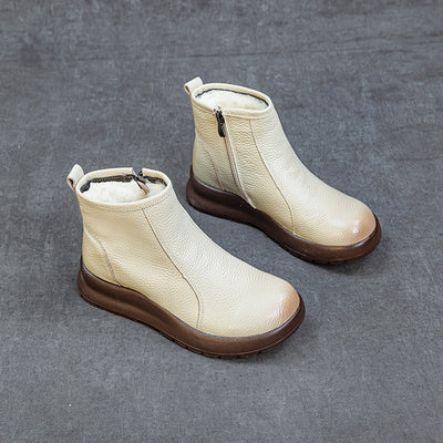 Winter Retro Leather Round Toe Wool-Lined Zipper Ankle Boots