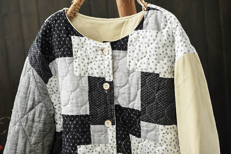 Women Winter Vintage Ethnic Floral Patchwork Quilted Cotton-Linen Jacket