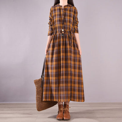 Women Cotton Linen Plus Size Plaid Stand Collar A-Line Dress