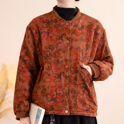 Women Winter Trendy Vintage Floral Cotton Bomber Jacket