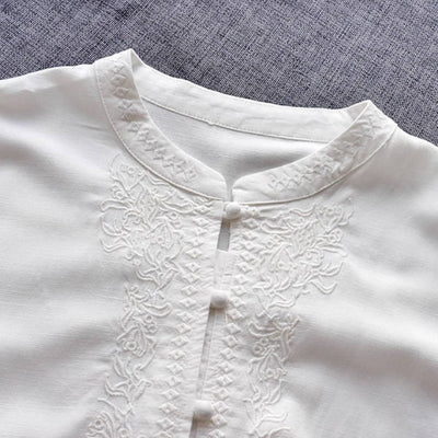 Autumn Retro Round Neck Embroidered Loose Long Sleeves Shirts