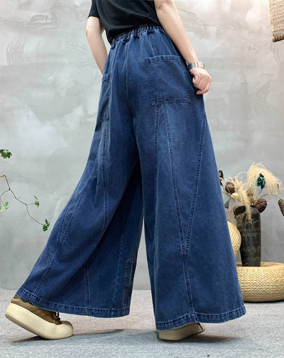 Retro Autumn Denim Loose Wide Leg Patchwork Jeans