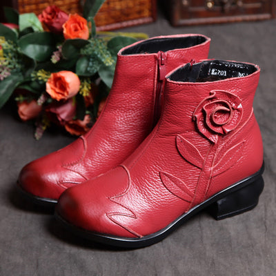 Ladies Ethnic Style Retro Chunky Heel Flower Short Boots