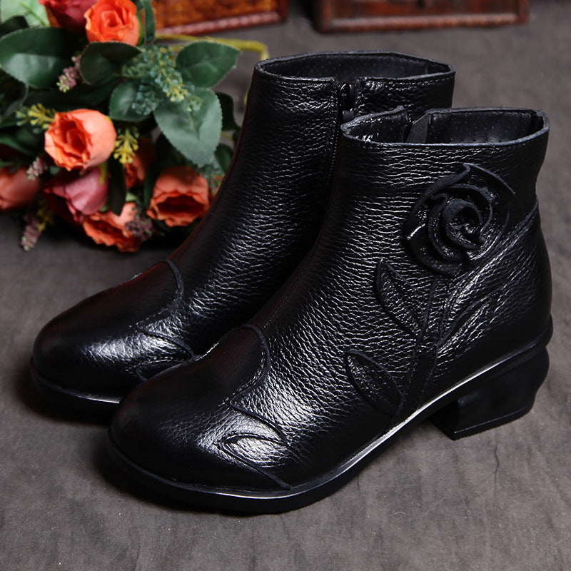 Ladies Ethnic Style Retro Chunky Heel Flower Short Boots