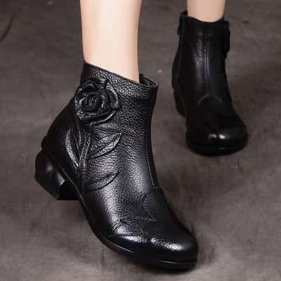 Ladies Ethnic Style Retro Chunky Heel Flower Short Boots