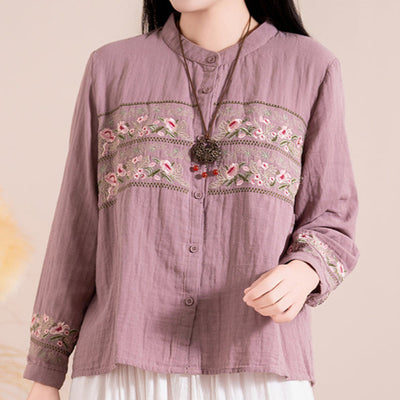 Women Spring Vintage Cotton Casual Embroidered Long Sleeve Shirt
