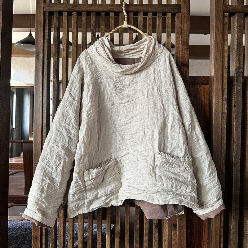 Women Warm Linen Loose High Neck Cotton-In Pullovers