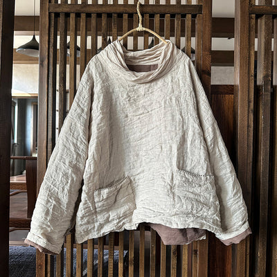 Women Warm Linen Loose High Neck Cotton-In Pullovers