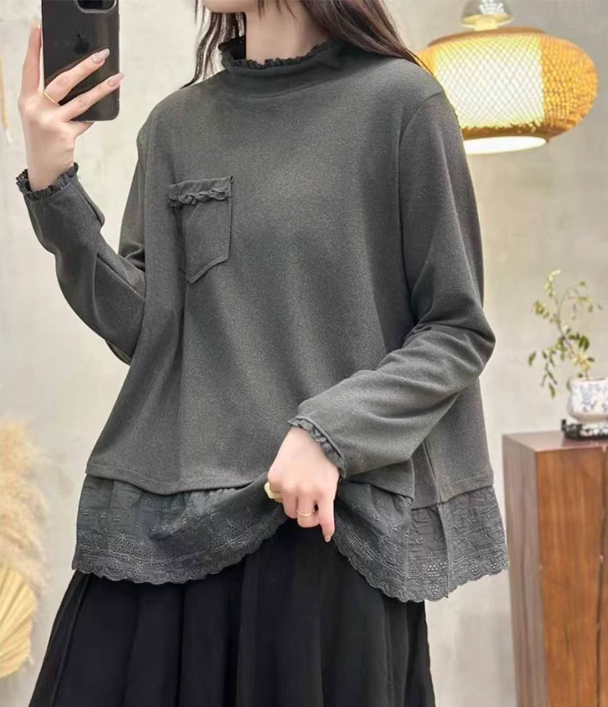 Autumn Retro Solid Color Pocket Lace Patchwork Pullover