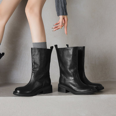 Genuine Leather Minimalist Washed Women Fur Lined Mid Calf Boots