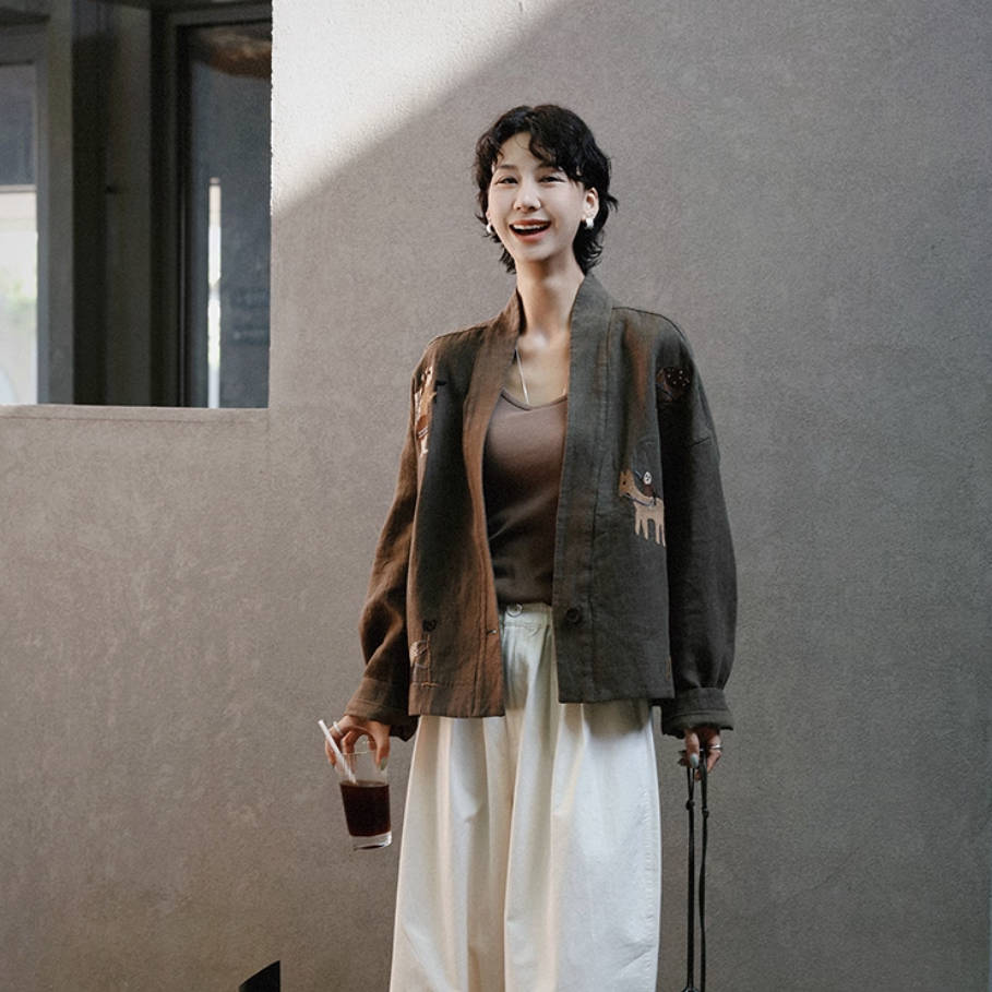 Autumn Linen Embroidered V-Neck Loose Casual Cute Coat