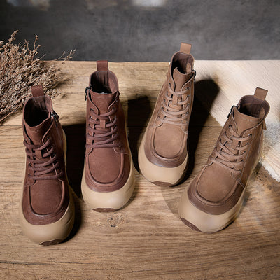 Autumn Top Leather Retro Patchwork Lace-Up Zipper Boots