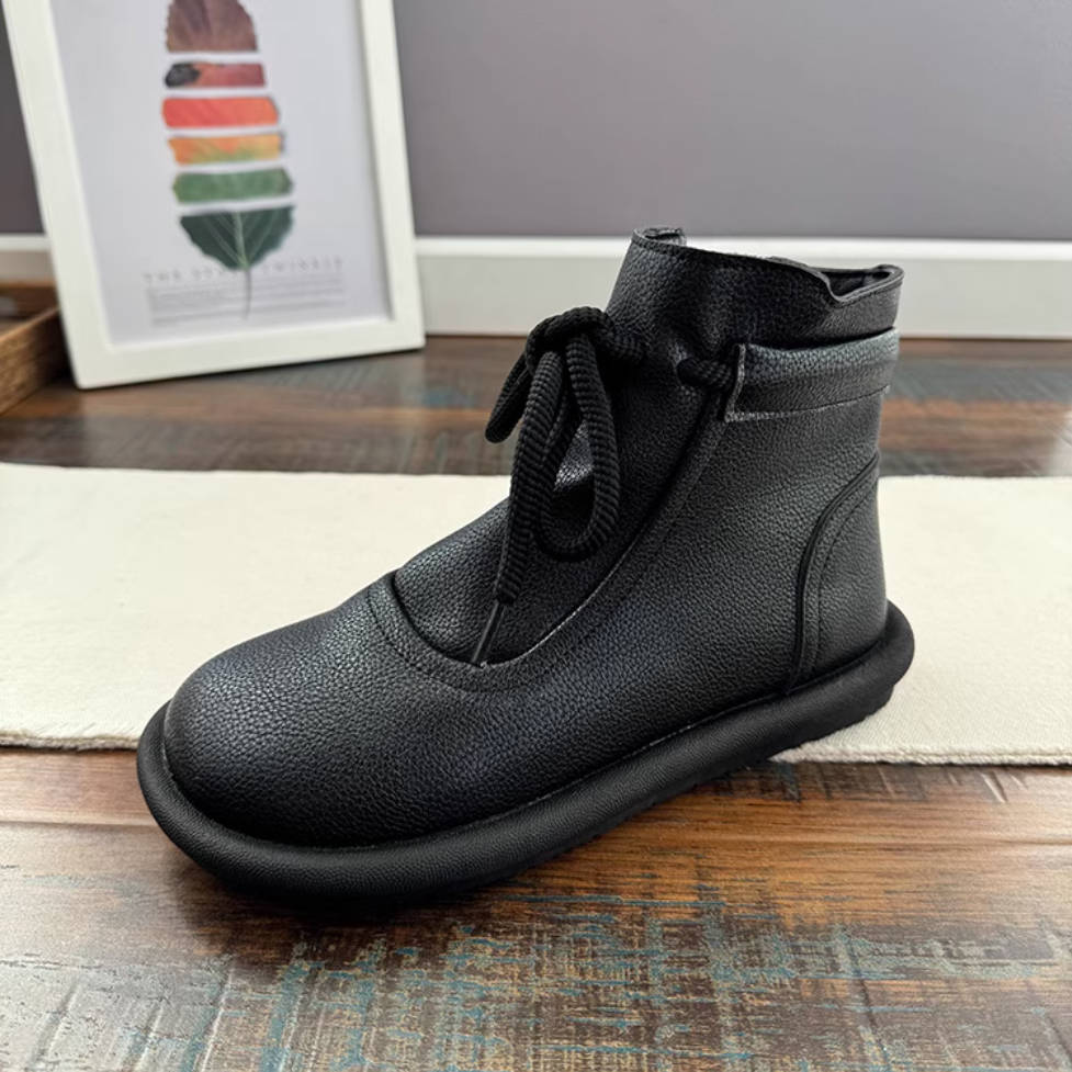 Women Retro Leather Round Toe Lace-Up Zipper Ankle Boots