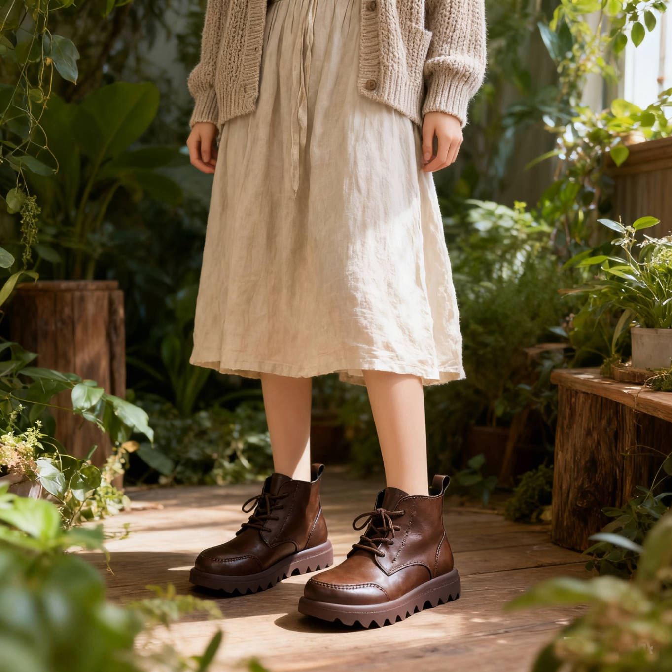 Fashion Leather Wide Round Toe Platform Lace-Up Ankle Boots