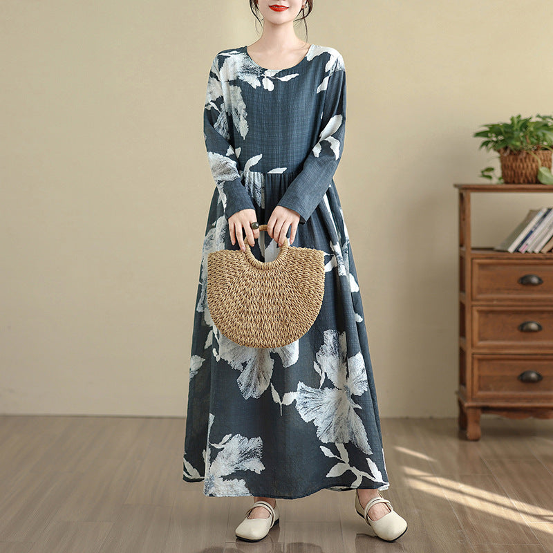 Retro Cotton Floral Print Vacation Round Neck Maxi Dress