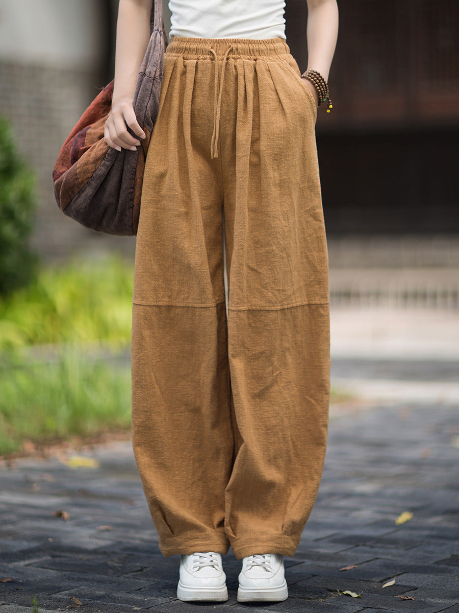 Solid Color Ramie Washed Versatile Elastic Waist Harem Pants