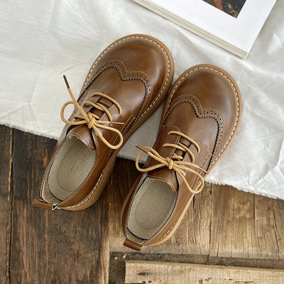 Babakud Women Autumn Retro Leather Lace- Up Casual Shoes