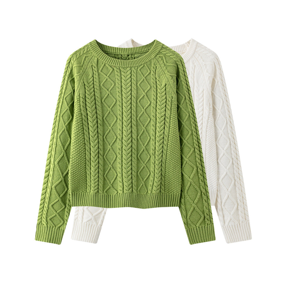 100% Cotton Solid Color Round Neck Cable-Knit Loose Sweater