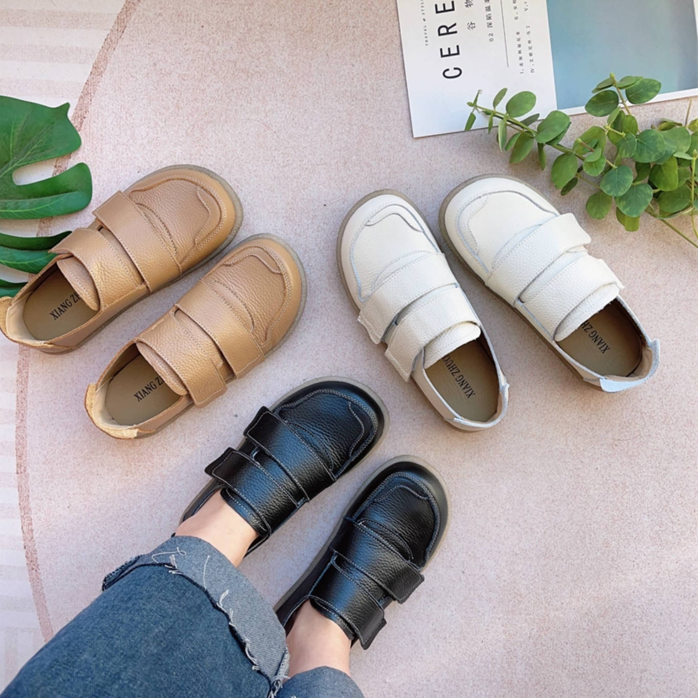 Retro Leather Round Toe Velcro Soft Flat Sole Slip-On Shoes