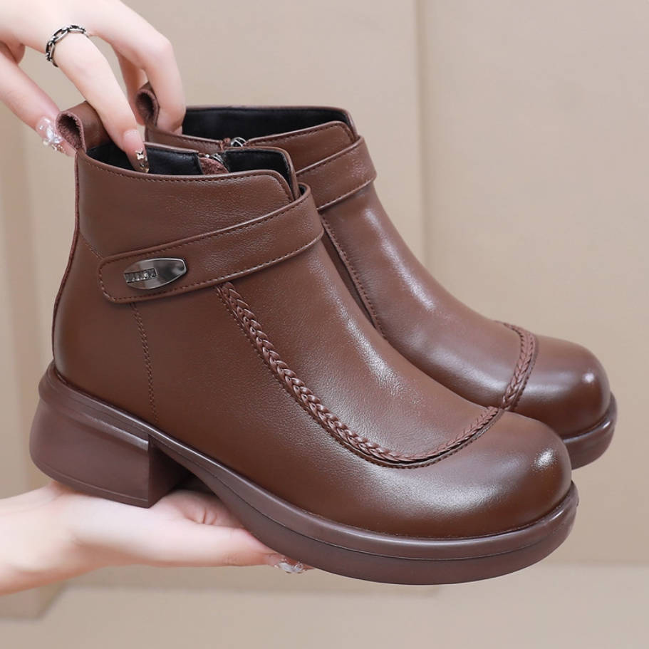 Genuine Leather Versatile Chunky Soft Sole Ankle Boots