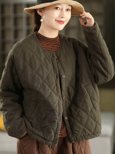 100% Linen Round Neck Single-Breasted Plaid Fleece-Lined Coat