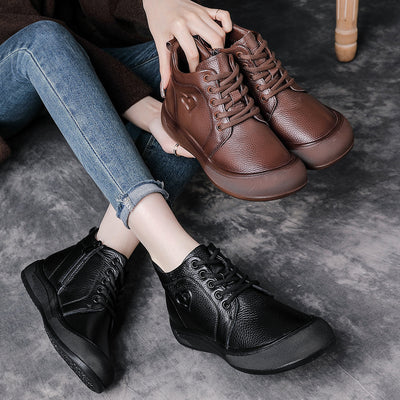 Retro Leather Soft Thick Sole Comfortable Lace-Up Ankle Boots