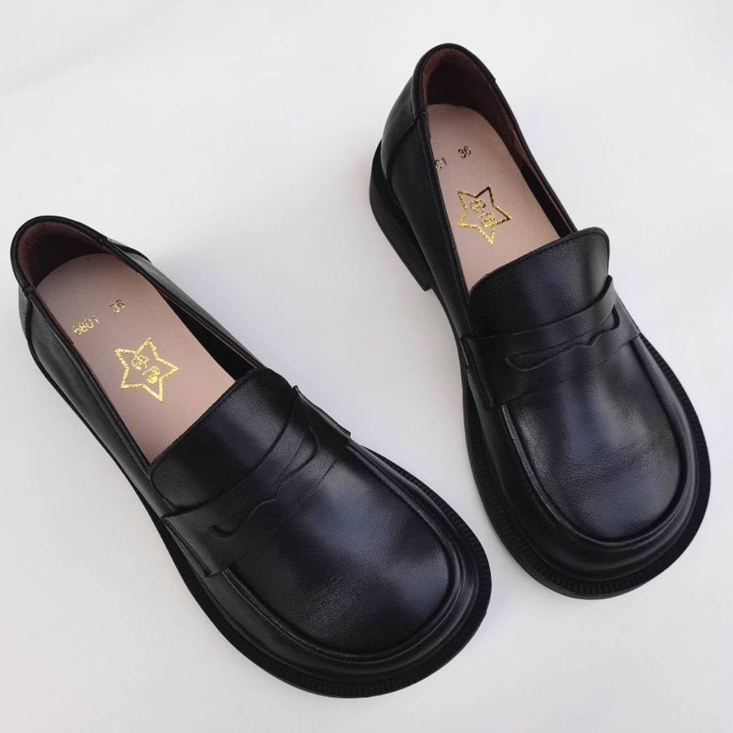 Ballerines rétro en cuir véritable, bout rond large, semelle souple, à enfiler