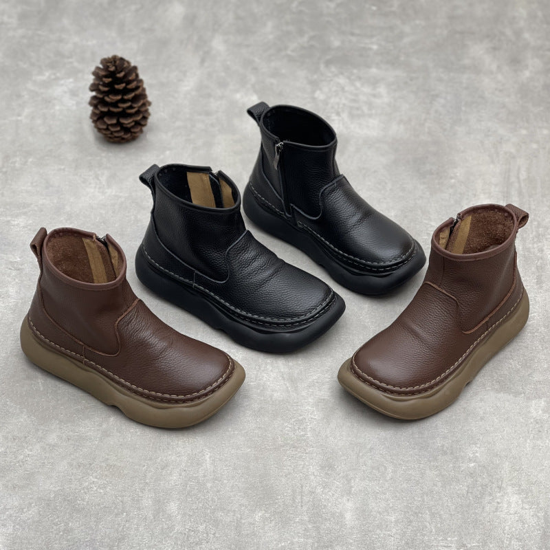 Retro Leather Casual Round Toe Platform Zipper Ankle Boots