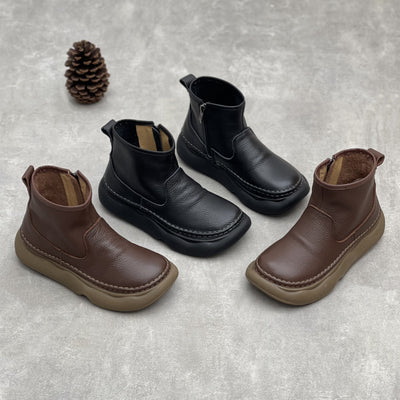 Retro Leather Casual Round Toe Platform Zipper Ankle Boots