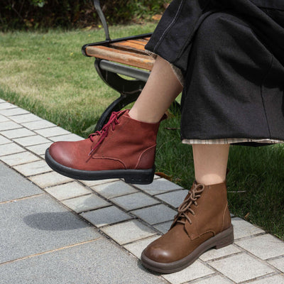 Retro Leather Soft Sole Solid Color Lace-Up Ankle Boots