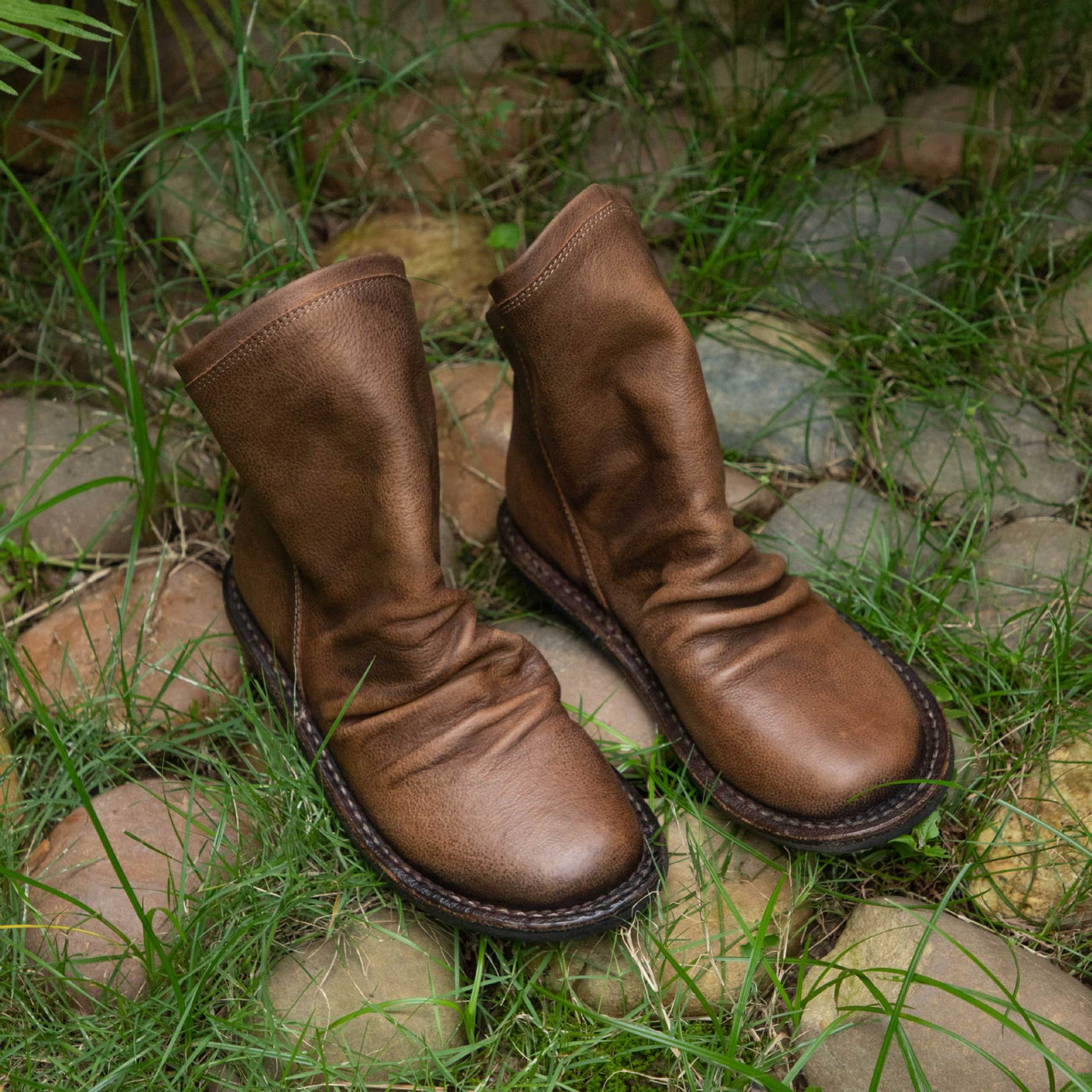 Retro Leather Stacked Heel Boots Top Grain Cowhide Ankle Boots