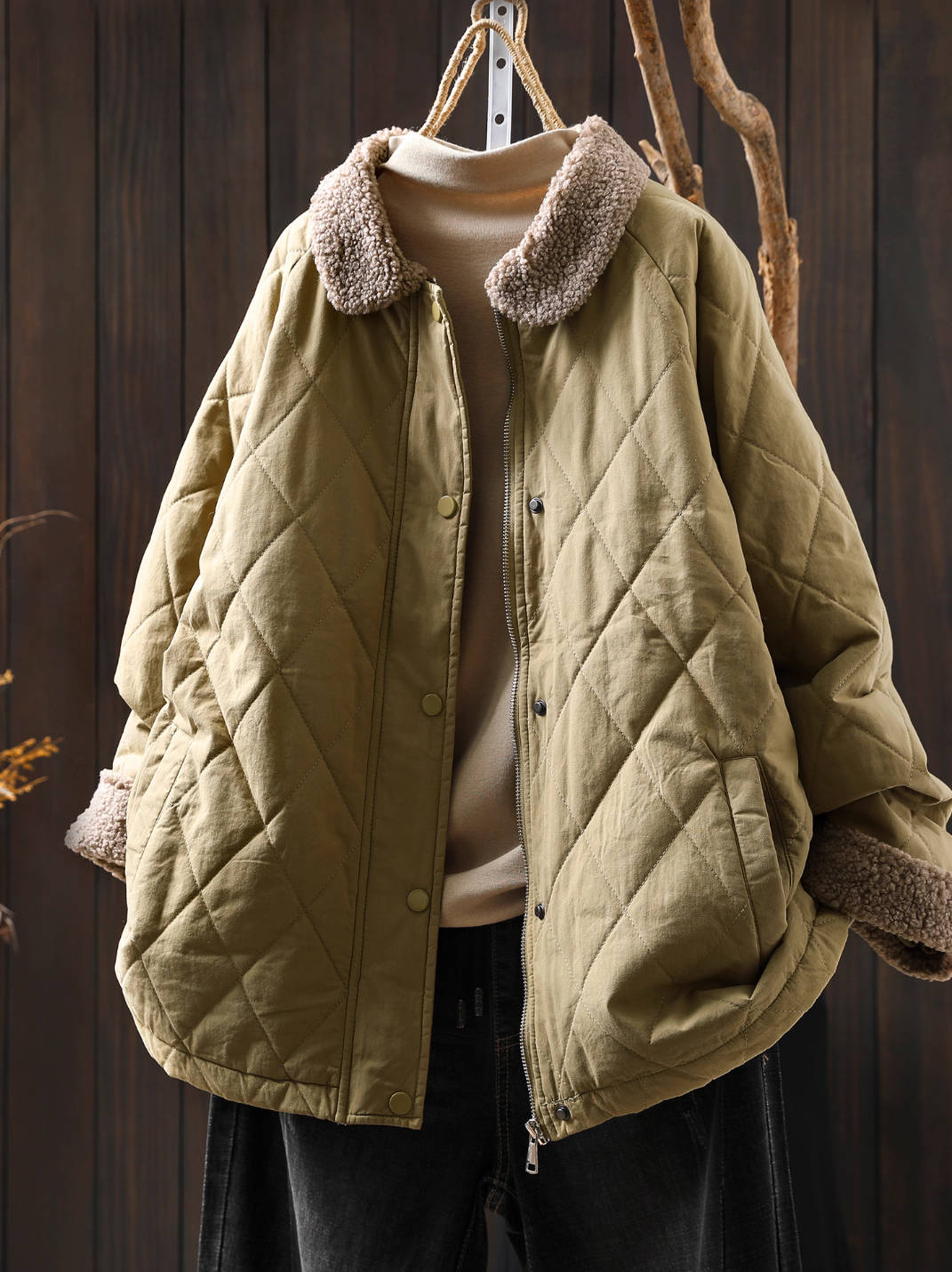 Winter Warm Shearling Collar Patchwork Cotton-In Casual Coat