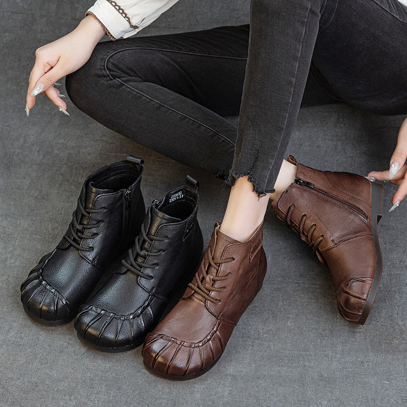 Autumn Winter Leather Fashion Soft Flat Sole Round Toe Zipper Boots