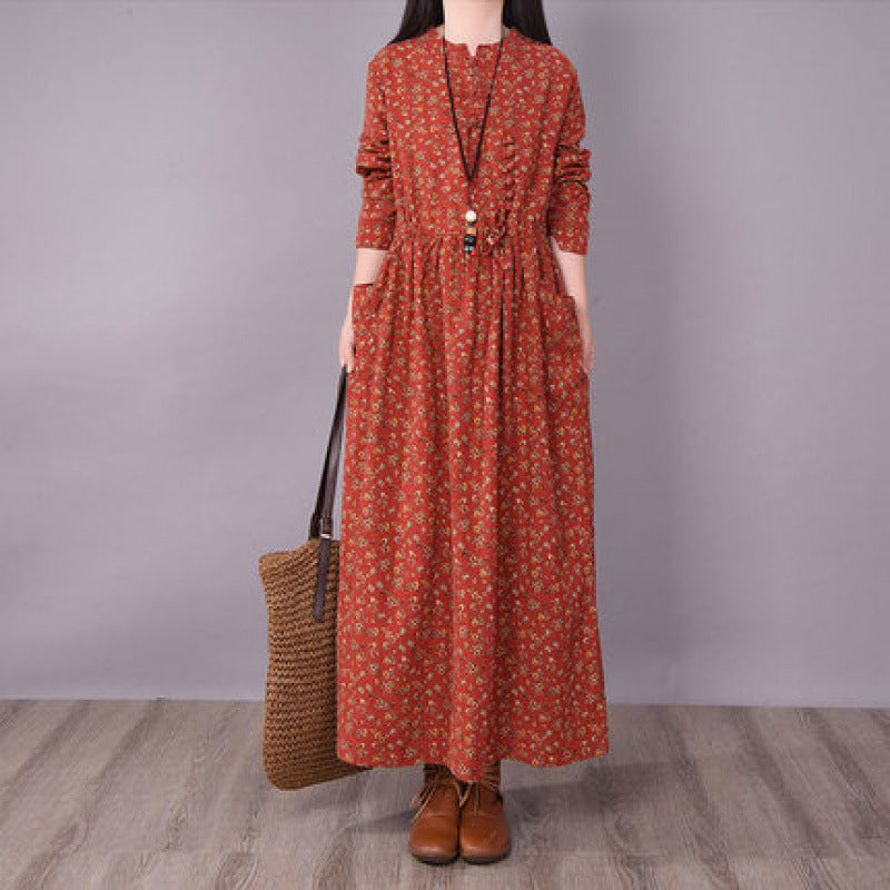 Retro Linen Stand Collar Floral Printed Casual A-Line Dress