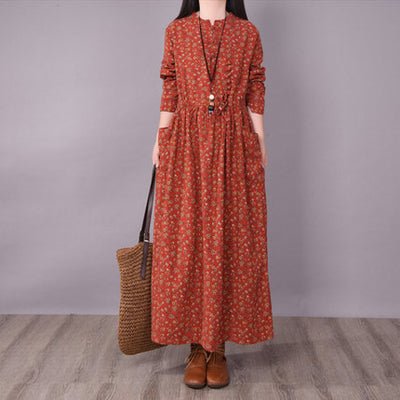 Retro Linen Stand Collar Floral Printed Casual A-Line Dress