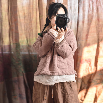 Women Warm Linen Loose High Neck Cotton-In Pullovers