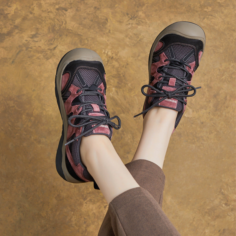 Retro Leather Patchwork Lace Up Round Toe Casual Sneakers