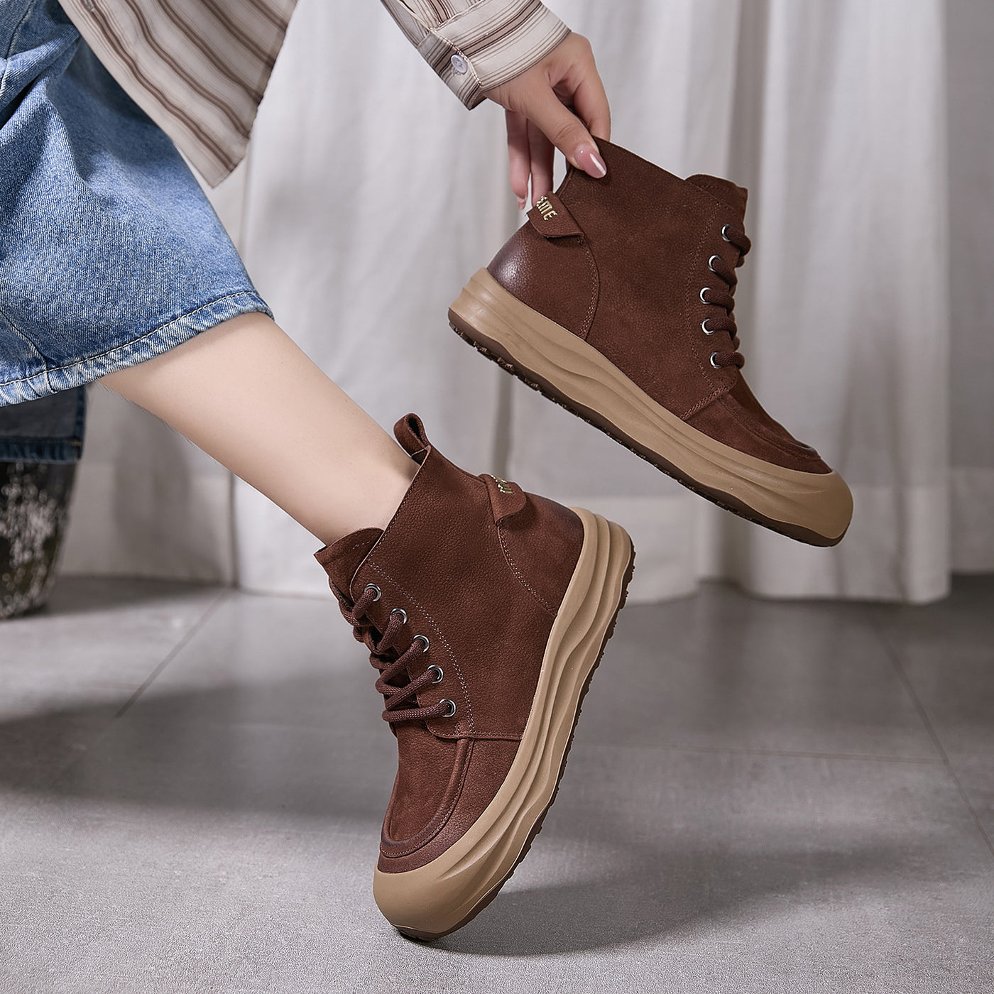 Autumn Top Leather Retro Patchwork Lace-Up Zipper Boots