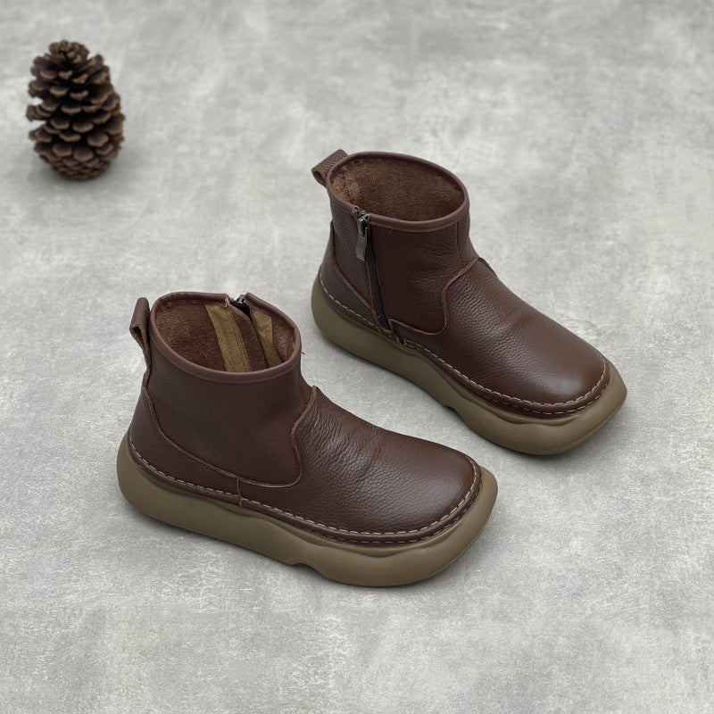 Retro Leather Casual Round Toe Platform Zipper Ankle Boots