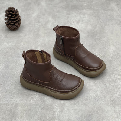 Retro Leather Casual Round Toe Platform Zipper Ankle Boots