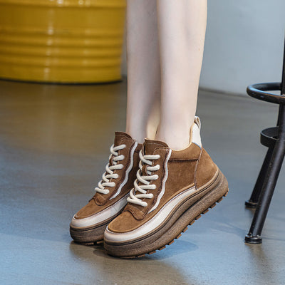 Top Leather Retro Patchwork Sueded Platform Casual Shoes