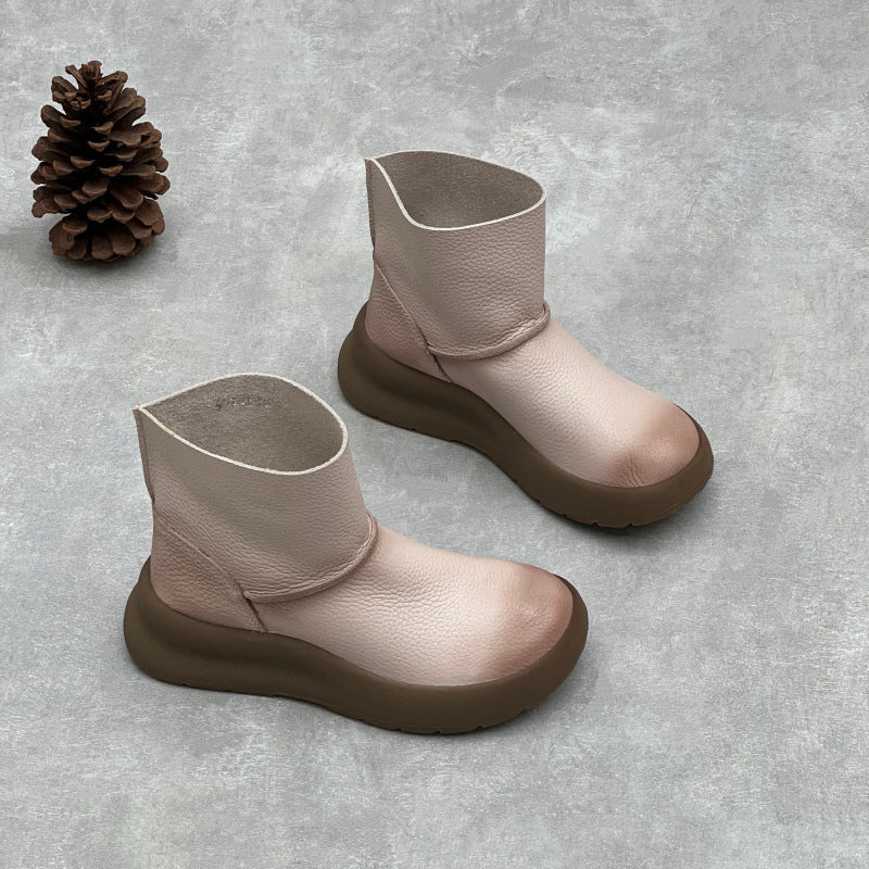 Retro Simple Leather Platform Solid Color Slip-On Ankle Boots