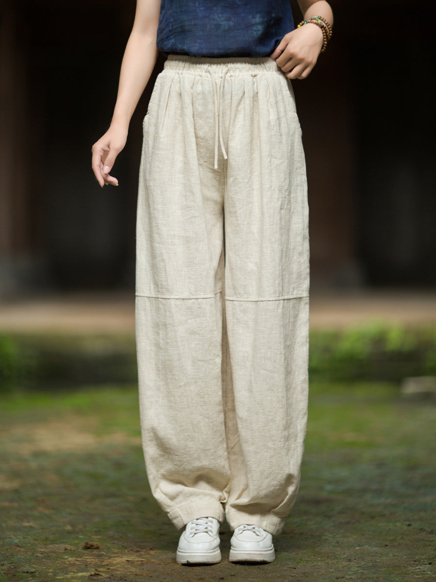 Solid Color Ramie Washed Versatile Elastic Waist Harem Pants